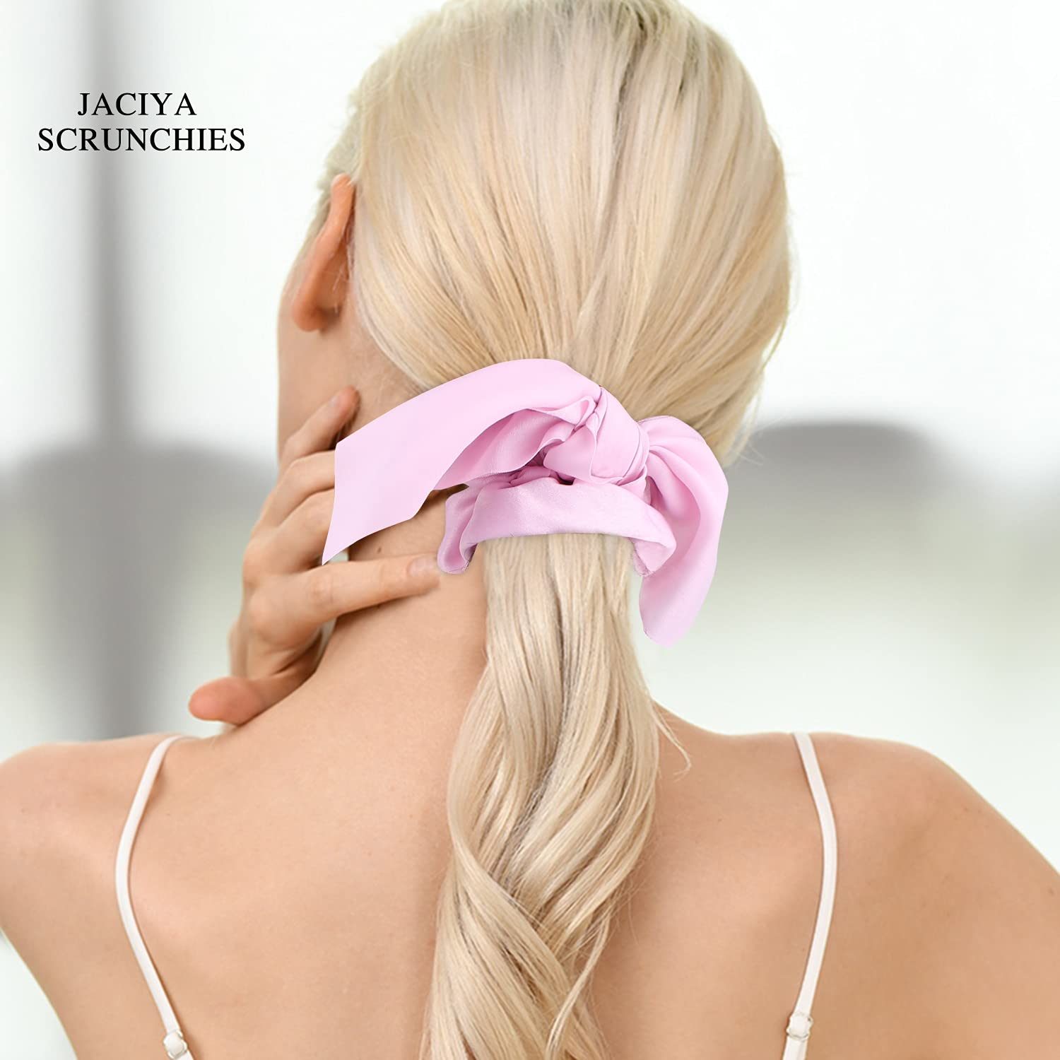 Jaciya Hair Ties: Silk Bunny Ears and Tail Scrunchies for Girls and Women Hair Accessories (Pink/Blue/Green/Yellow/Purple/White)