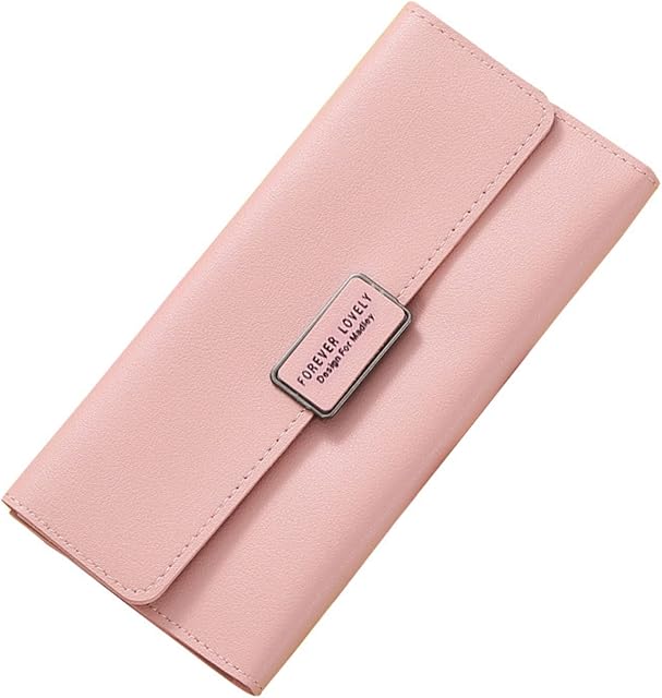 WOSO Women's RFID Blocking Leather Long Threefold Pocket Wallet Card Case Purse with ID Window (Pink)
