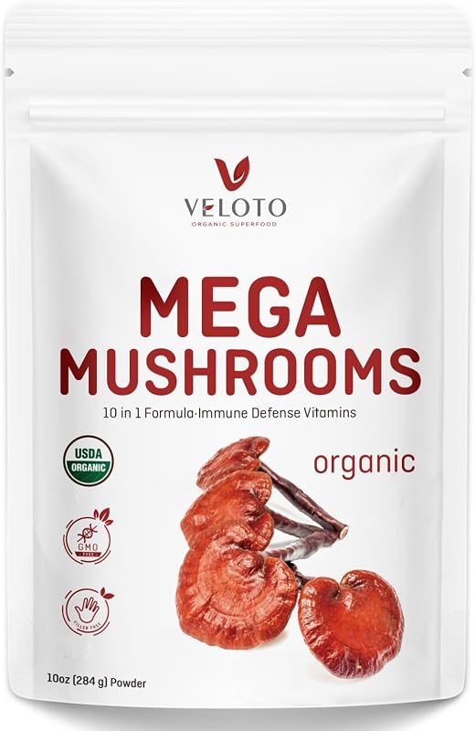 VELOTO Organic Mega Mushroom Powder Blend,10 in 1 Complex Mushroom Extract Powder Herbal Supplement with Reishi, Cordyceps, Chaga, Lion's Mane, Vegan & More, Sustainably US Grown, Filler Free, 10oz
