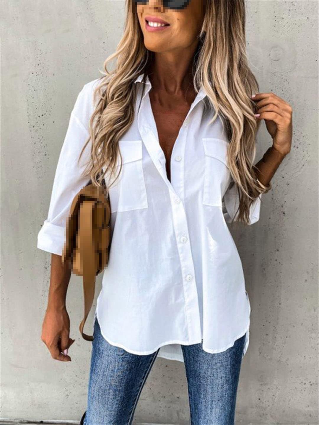 Women's Shirt Office Blouses Double Pocket Button Women Top