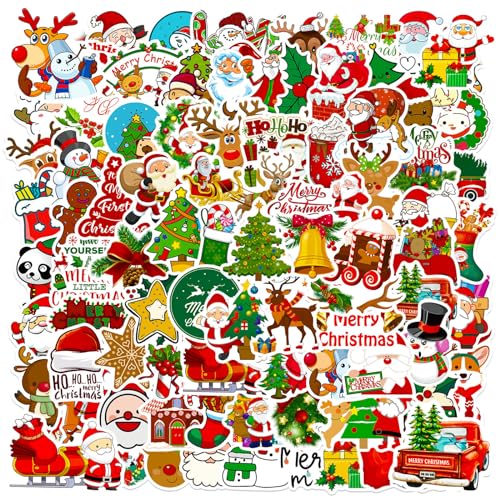 Christmas Theme Stickers 100Pcs Vinyl Waterproof Merry Christmas Stickers for Envelopes Gifts Tags Crafts Snowboard Decorations Funny Christmas Holiday Party Favors for Kids Teens Aduts