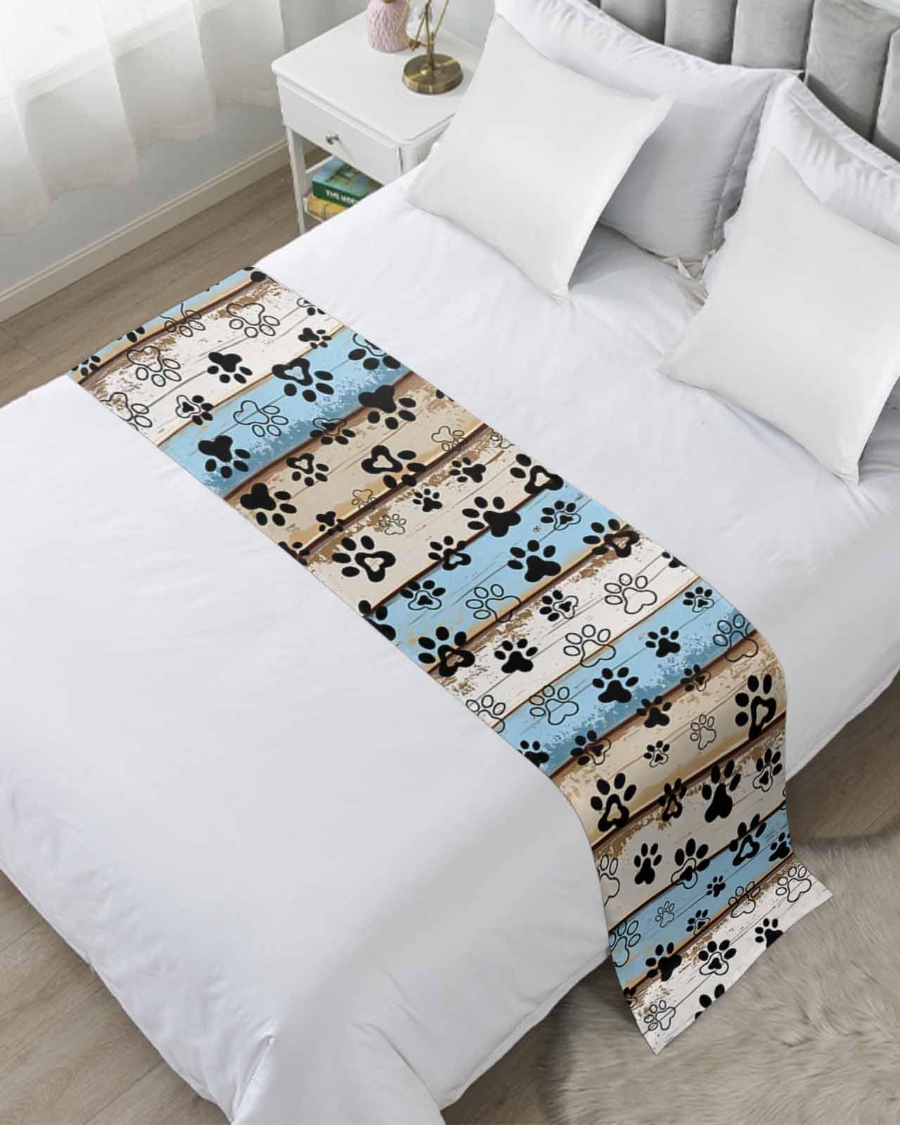 Blue Brown Paw Prints Bed Runner for King Size, Vintage Farmhouse Rustic Wooden Grain Bedspread Protector Slipcover Bed Scarf for Foot Runners & Scarves for Bedroom Hotel Wedding Room 102x20 Inches