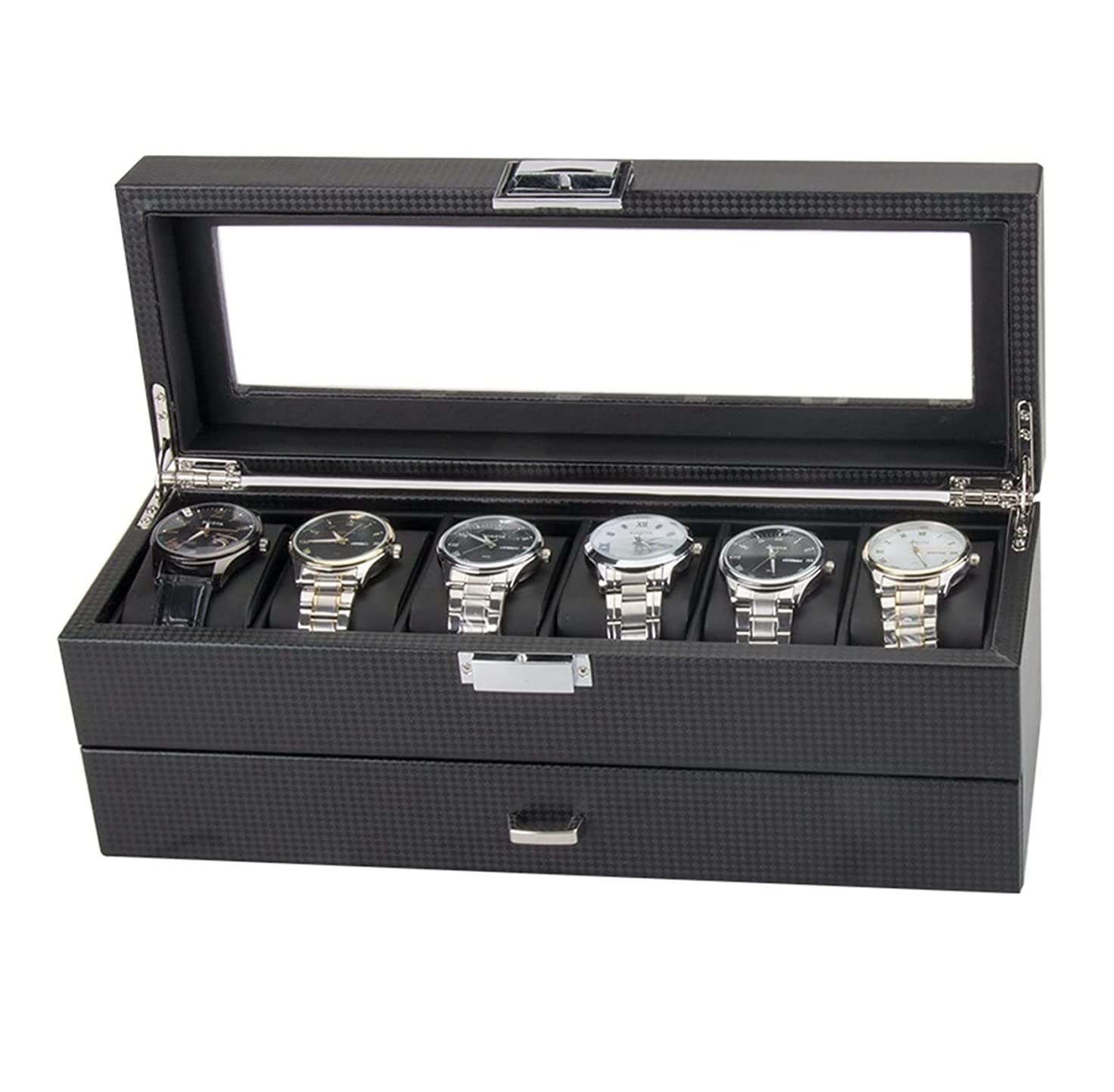 Uhrenbox-Organizer, Uhrengehäuse, PU-Leder, doppellagig, 6 Fächer, Uhrenbox mit Schublade, transparente Oberseite, abschließbare Sonnenbrillen-Aufbewahrungsbox, Uhrenständer, Uhrenbox