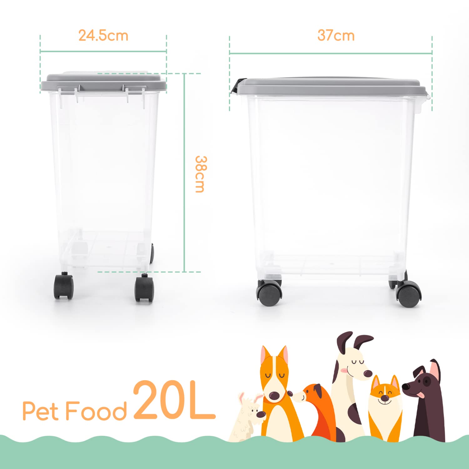 Nobleza - 2 Piezas Contenedor de Comida para Mascotas 20L, Mascotas Caja de Alimentos con Ruedas Contenedor, Tapa abatible, hermética, Transparente, Ruedas y Pala, para Comida para Perros y Gatos