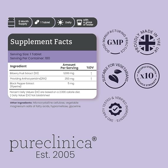 Pureclinica Bilberry Extract 1000mg (10:1) per Tablet – with Black Pepper Extract – 180 Tablets – High Strength – 6 Month Supply