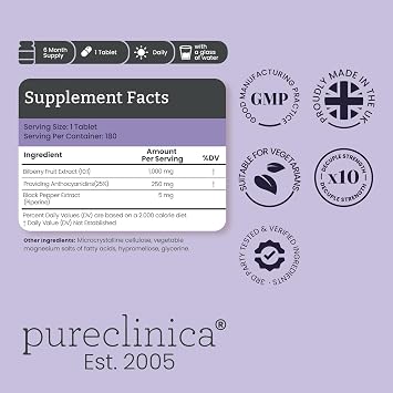 Pureclinica Bilberry Extract 1000mg (10:1) per Tablet – with Black Pepper Extract – 180 Tablets – High Strength – 6 Month Supply