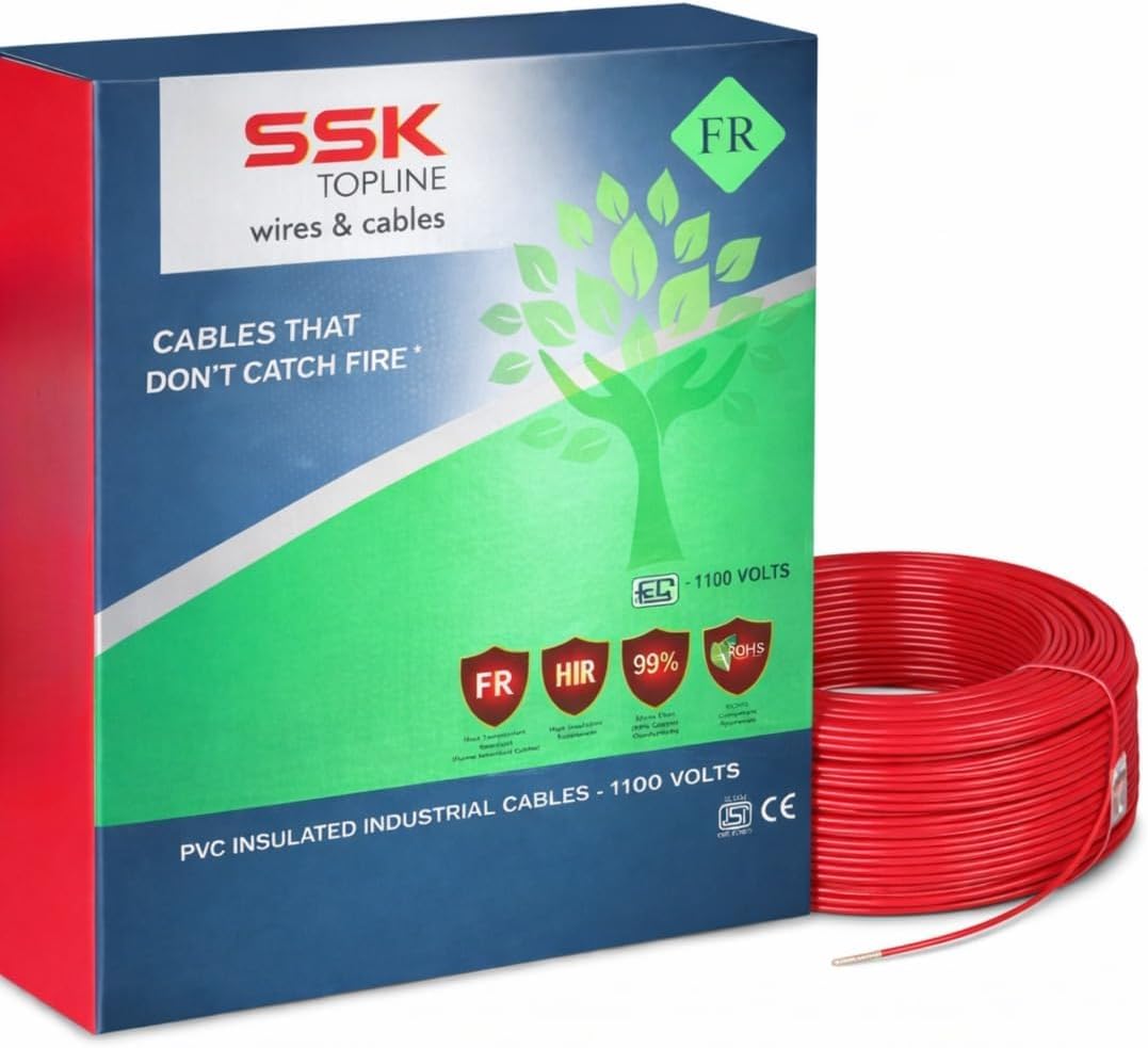 Topline FR PVC Insulated Industrial Wire Cable | 90m | 1100V | Flame Retardant (FR) | Eco Friendly | Copper Conductor | Electrical House Wiring Cable (Red, 6.00 SQMM)