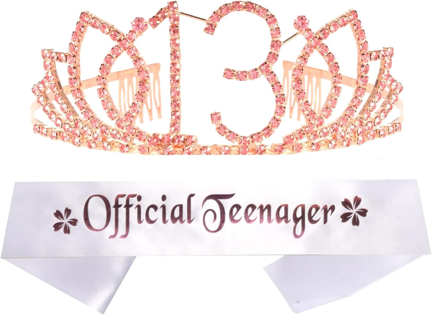 MEANT2TOBE 13th Birthday Sash and Tiara for Girls - Fabulous Set: Glitter Sash + Blooming Rhinestone Rose Gold Premium Metal Tiara, 13th Birthday Gifts for Teenegers Party