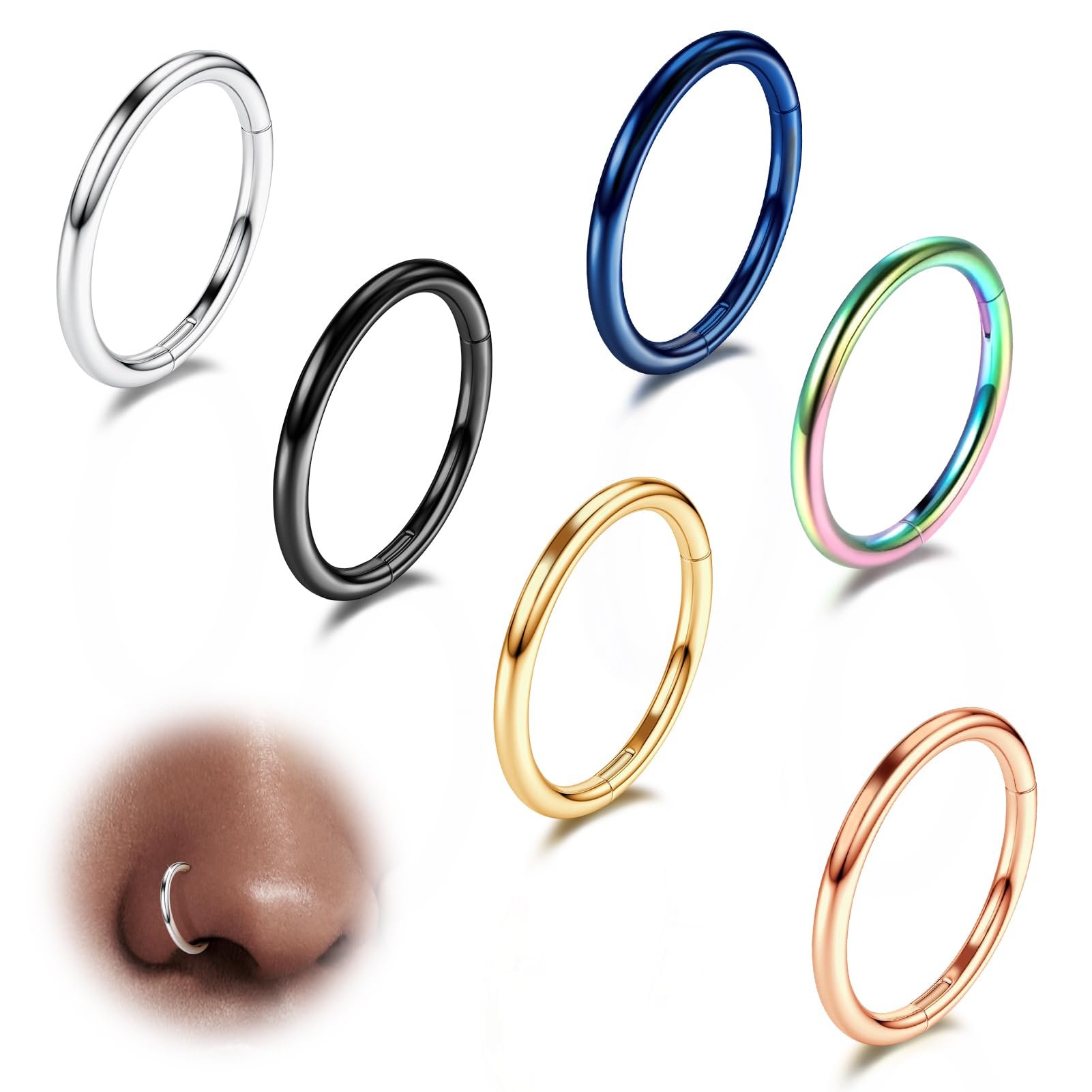 WBRWP Nose Rings Hoops for Women: 316L Surgical Steel Double Hoop Nose Rings Hinged CZ Septum Clicker Conch Cartilage Helix Rook Tragus Daith Earring