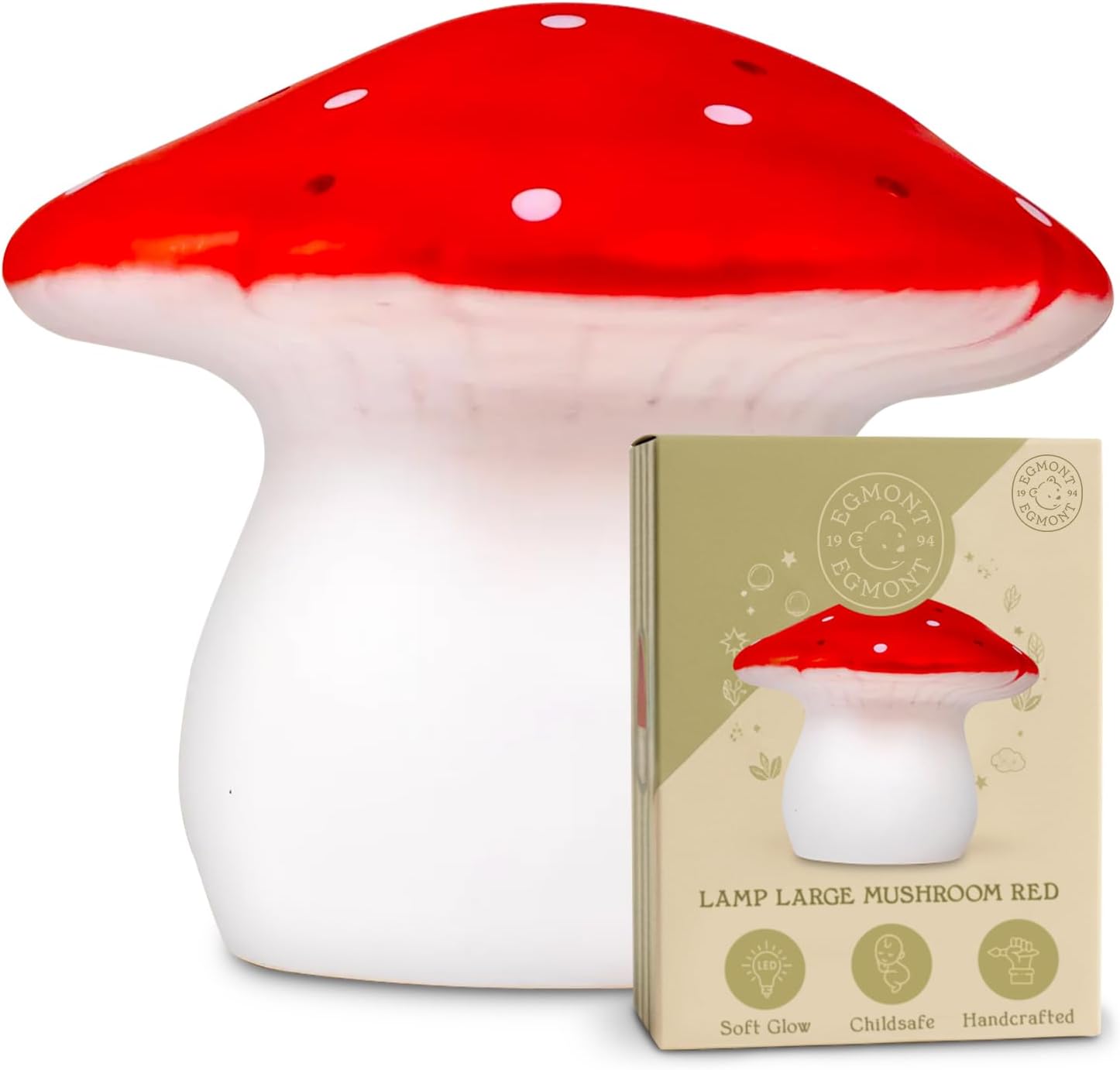 Egmont Toys Red Mushroom Lamp – Cute Vintage Night Light, Small Lamp for Bedroom or Bedside, Soft Ambient Lighting Mushroom Decor, Small Nightstand for Cozy Home Decor, Living Room (Large)