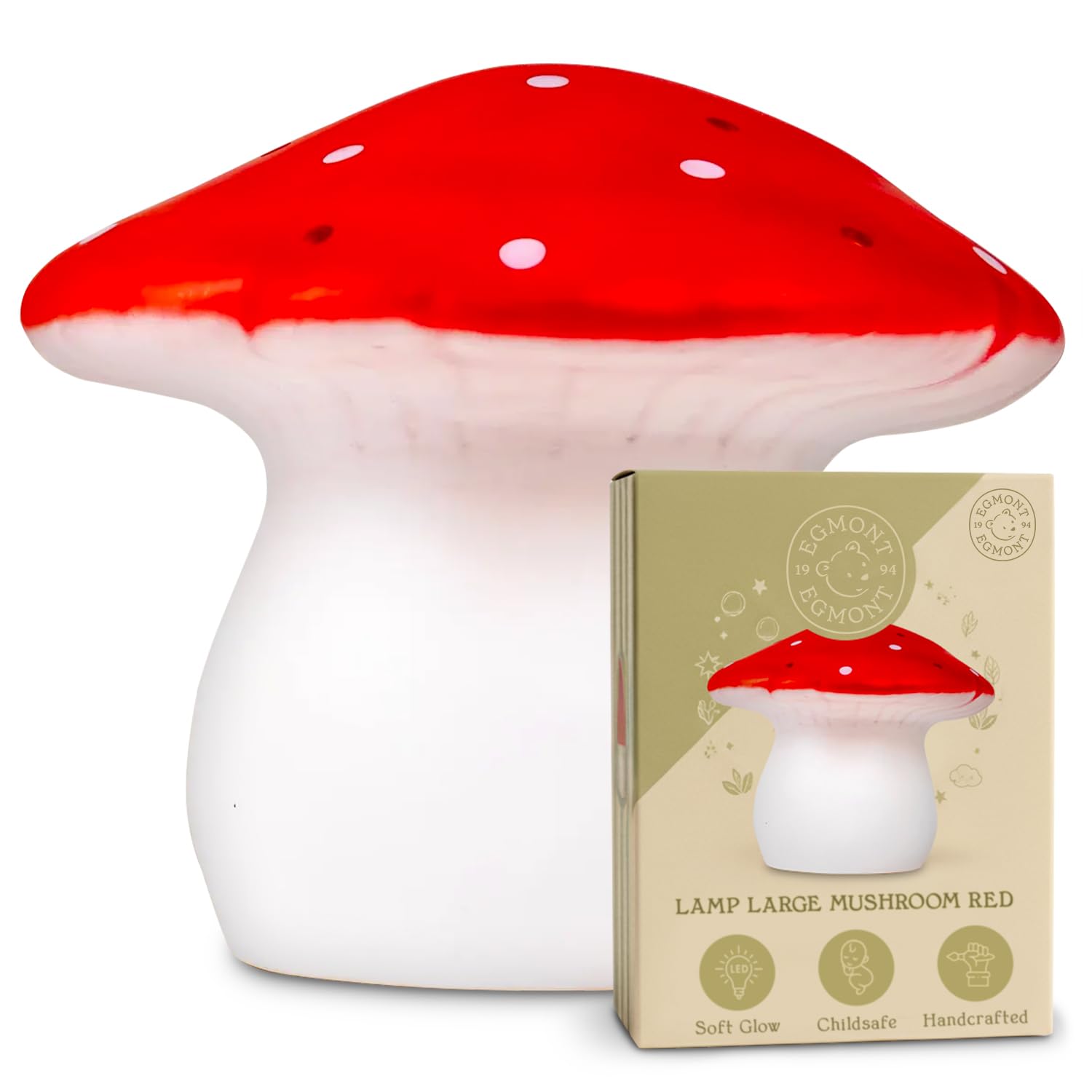Egmont Toys Red Mushroom Lamp – Cute Vintage Night Light, Small Lamp for Bedroom or Bedside, Soft Ambient Lighting Mushroom Decor, Small Nightstand for Cozy Home Decor, Living Room (Large)