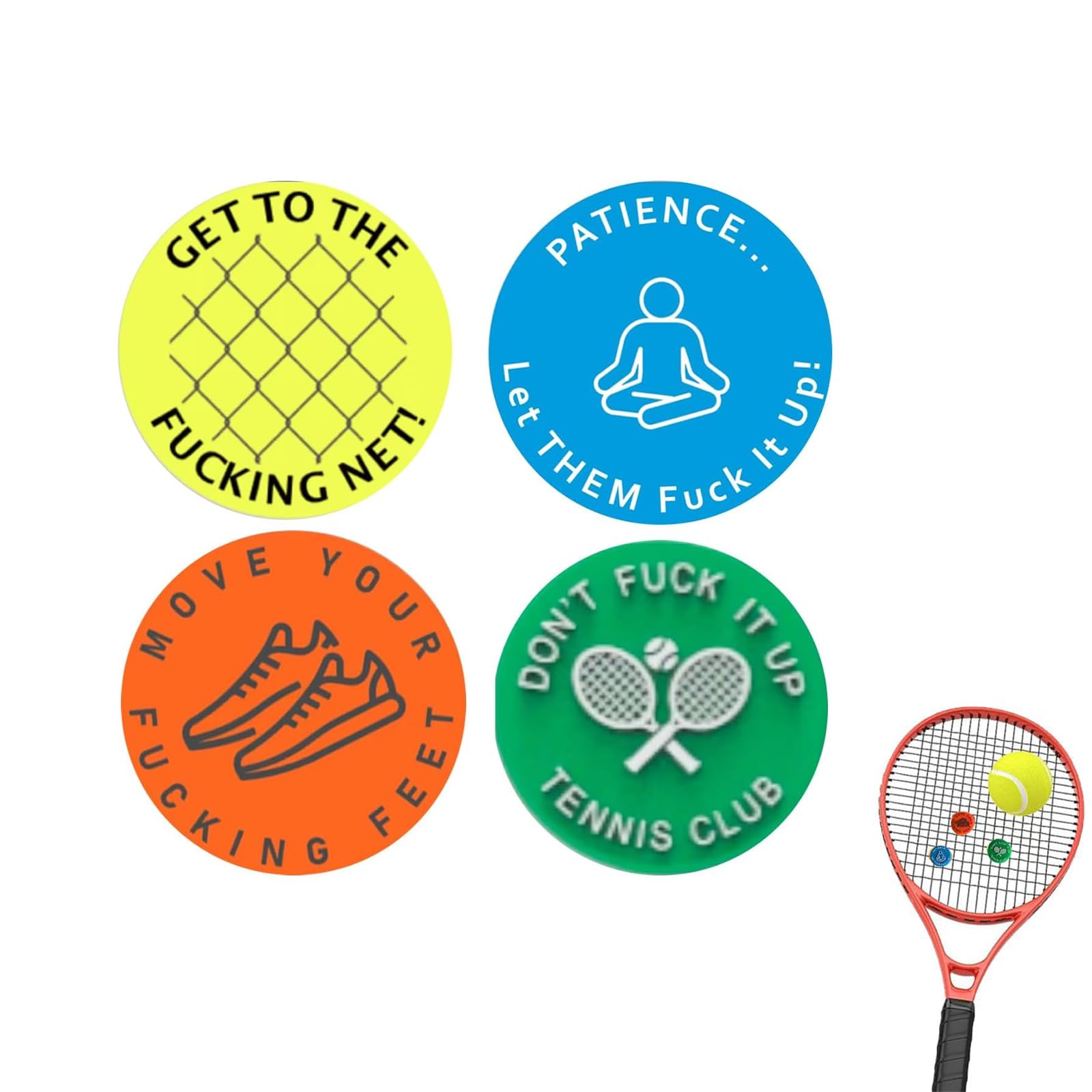 4 Pcs Aggressive Reminder to Keep You On Your Tennis Game，Tennis Racket Vibration Dampeners, Tennis Racket Shock Absorber, Racquet Accessories, The Best Gift for Every Player and Team