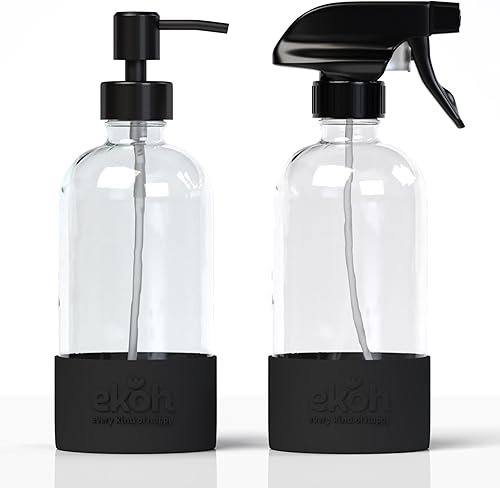 Miniatura 3 de EKOH - Botellas de jabón de manos y platos de vidrio ámbar recargables de 16 onzas, paquete de 2 aerosoles negros + funda protectora de silicona