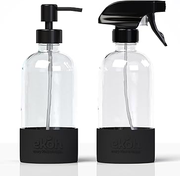 EKOH 2 Pack Glass Countertop Soap Dispensers - Refillable & Reusable with Silicone Protective Base and Preprinted Labels - for Kitchen and Bathroom (Clear)