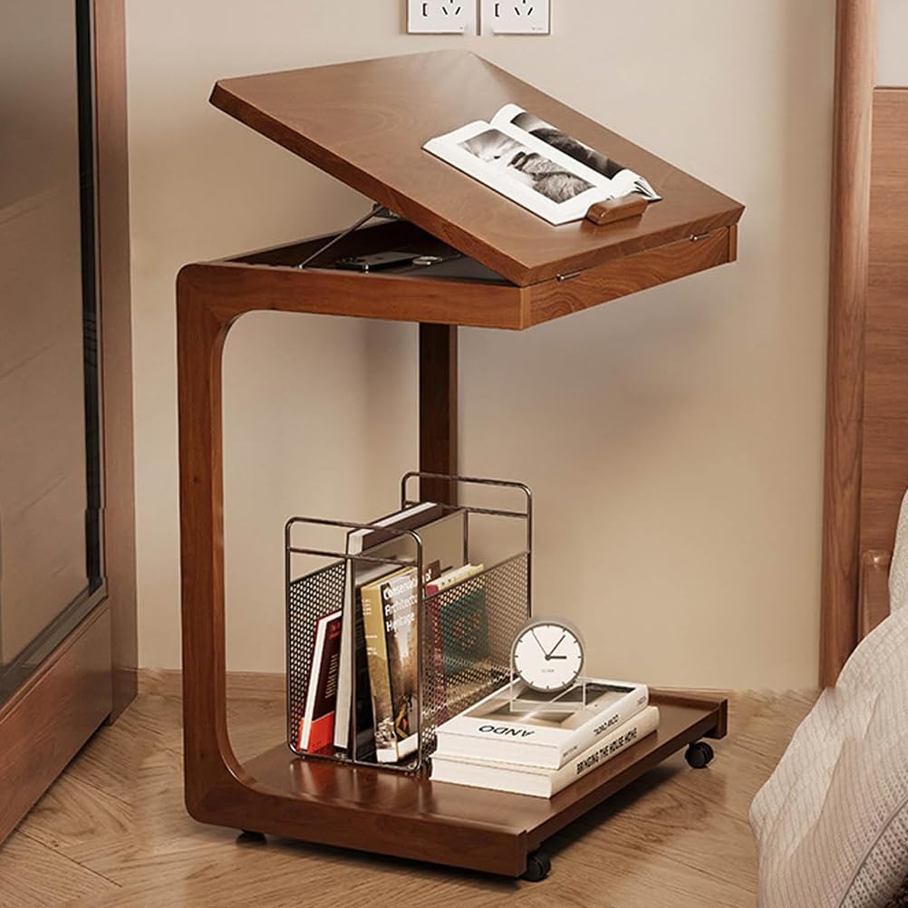 SXZenSpace Solid Wood Adjustable Desktop TV Tray Table with Wheels, C-Shaped End Tilt Angle,Side Tables for Couch,Living Rooms,Bedrooms,walnut,B