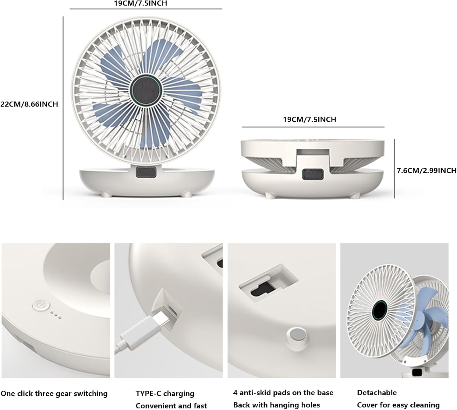 Household Dual-use Kitchen Fan, Rechargeable Battery Operated Fan, Small Desk Fan, 3 Speed, Hanging Hook, 90° Adjustable Usb Portable Table Fan for Travel Camping Home Office (Gray-Remote Control)