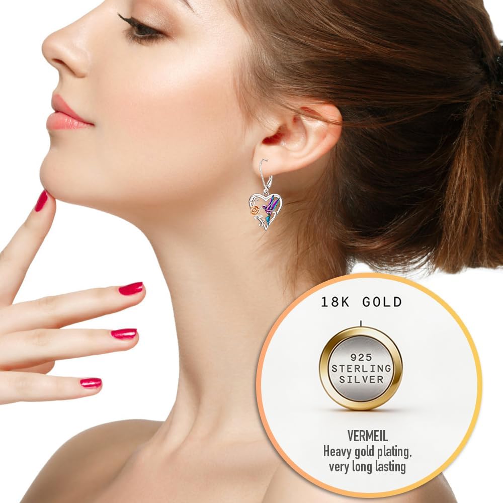 Hummingbird Earrings 925 Sterling Silver Purple Hummingbird Earrings for Women Dangle Cute Heart Bird Flower Jewelry Christmas Mothers Day Gift