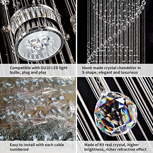 Image of Modern Crystal Chandelier Spiral Sphere Design 9 Light Crystal High Ceiling Light Chandelier for Living Room Hotel Stairs Foyer Entryway Height 79 inch Flush Mount Diameter 24 inch