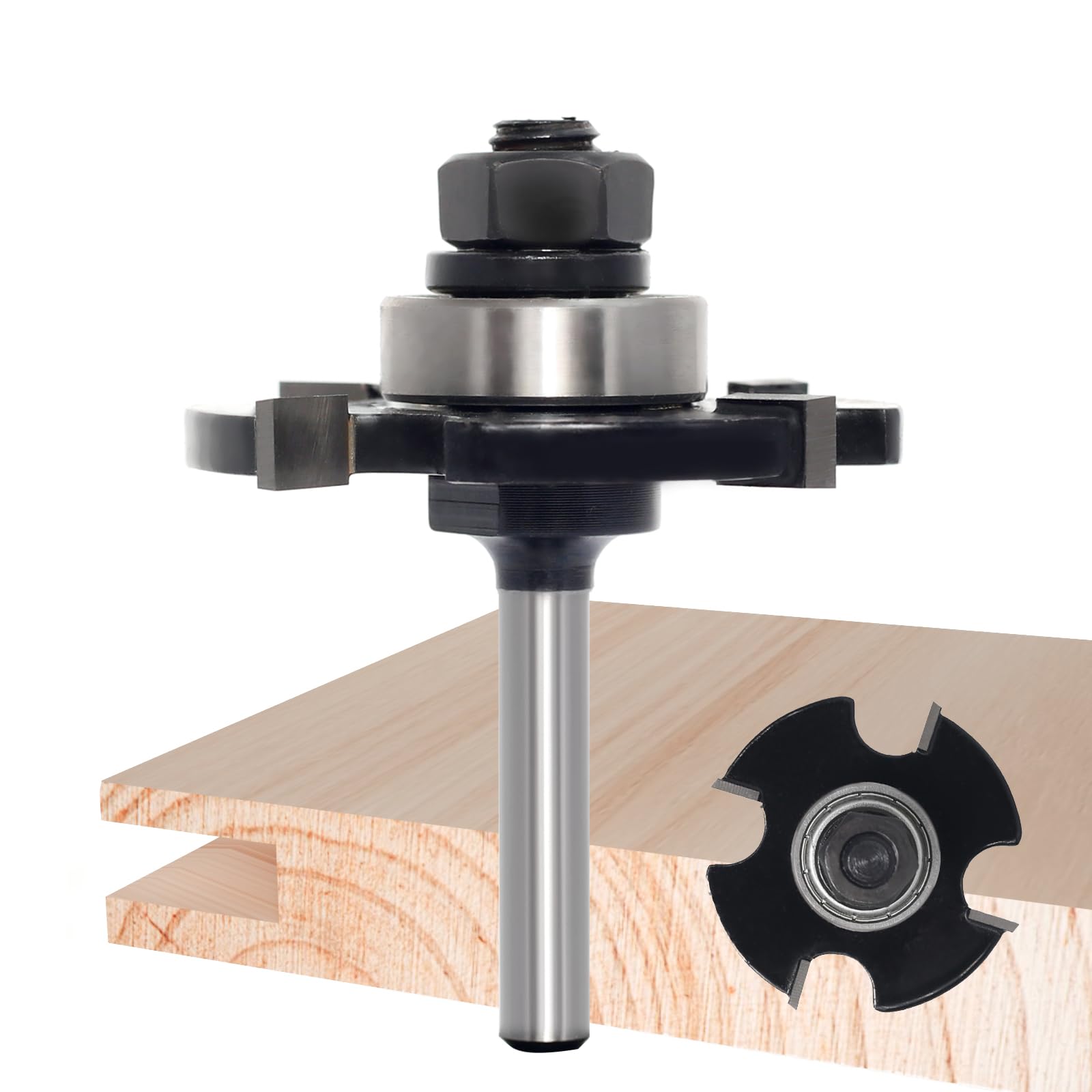 Akylin Slotting Cutter Router Bit, 1/4 Inch Shank, 4 Wing Slot Router Cutter Bit with bearing, 15/64” Height X9/16” Depth