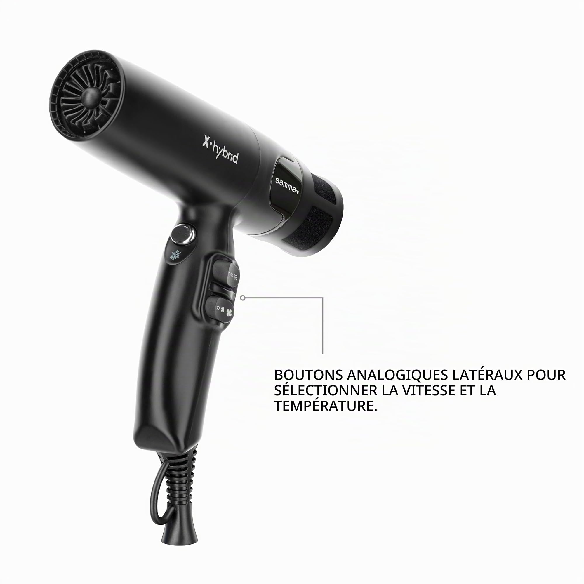 GAMMA+ X-Hybrid Sèche-cheveux Ionique, Sèche-cheveux Ultra-léger 300 gr, Ergonomique, Moteur Numérique 100.000 Rpm, Nouveau Triple Filtre de Protection, 2 Buses, 1 Diffuseur (Noir)
