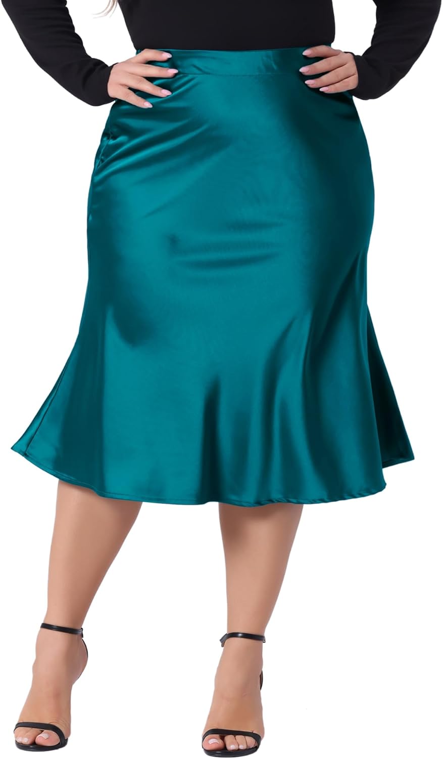 Agnes Orinda Plus Size Silky Satin Skirt for Women High Waist Hidden Elasticized Waistband Flared Casual a Line Midi Skirt - Image 2