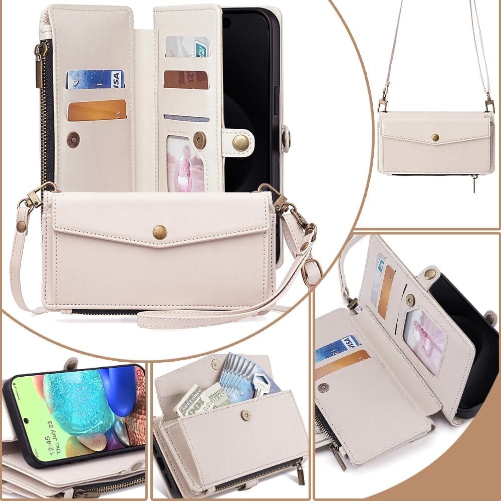 Asuwish Phone Case for Samsung Galaxy A71 5G Zipper Wallet Cover with Screen Protector and Leather Card Holder Slot Stand Wrist Strap Cell Accessories Mobile Flip A 71 G5 71A S71 A715G Women Men Beige