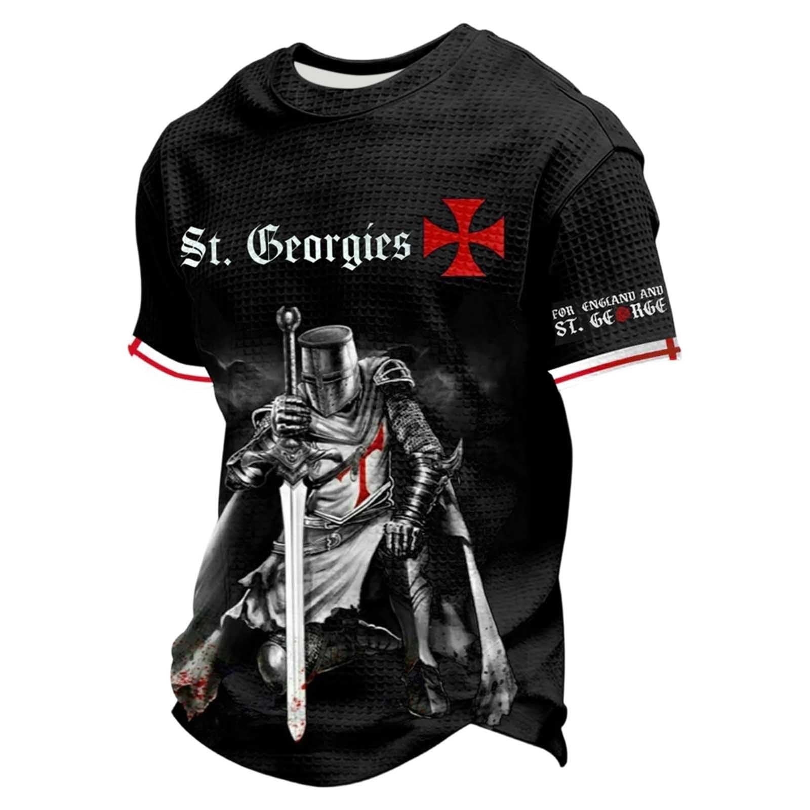 Men's St. George's Templar Knight T-Shirt, Waffle Knit England Patriotic Tee, "For England and St. George" Red Cross Crusader Graphic Short Sleeve Top