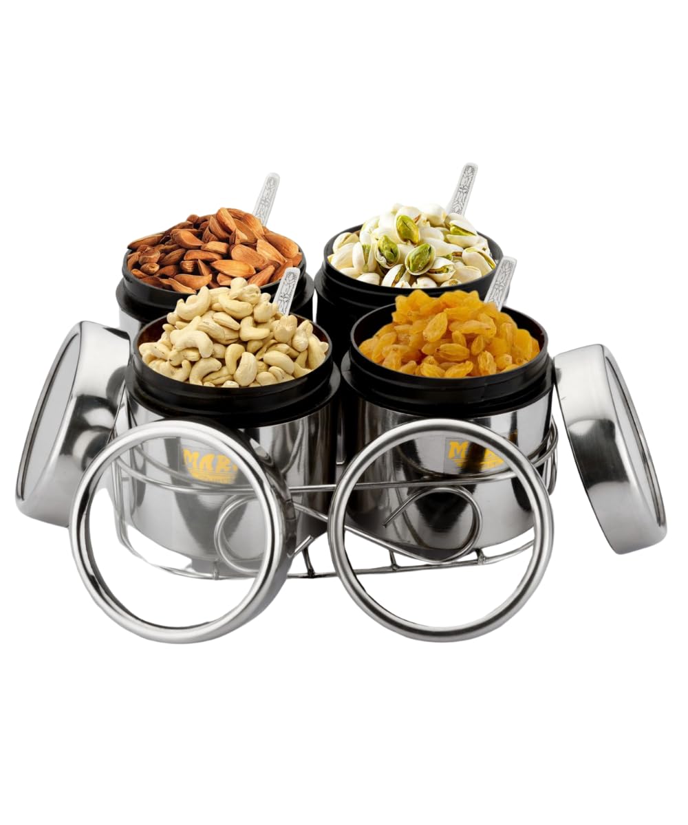MARU Stainless Steel Multipurpose Storage Container Set 350ml Each with See-through Lids & Wirestand, Ideal for Storing Dry Fruits, Spices, & Seasonings, Elegant Spice Jars for Kitchen Organization,