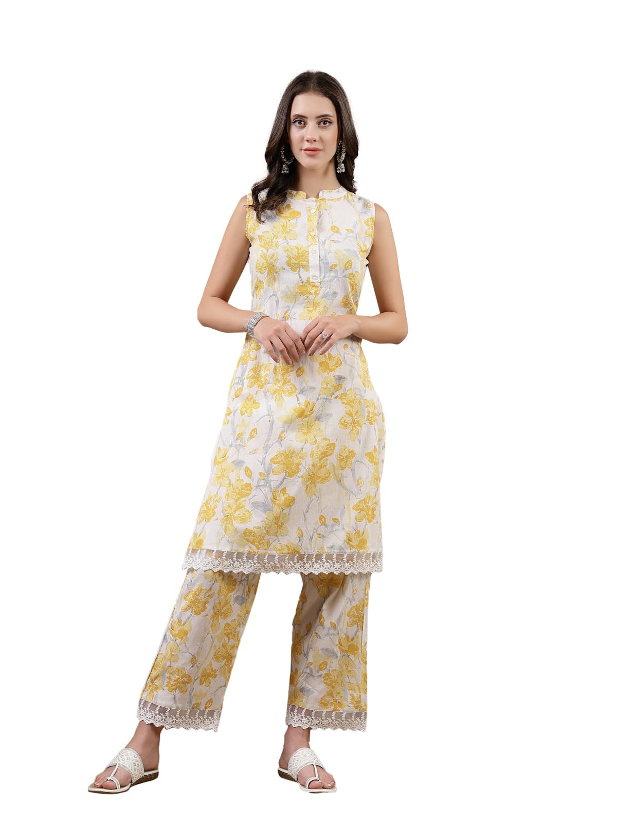 StylumWomen's White Floral Printed Cotton Straight Kurta Pant Set (CSYELLOWPASTRY_Off White)
