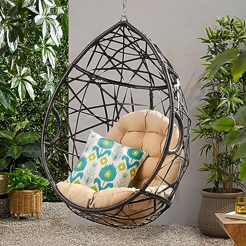 Image of Christopher Knight Home Isaiah Indoor /Outdoor Wicker Tear Drop Hanging Chair (Stand Not Included), Multi-Brown and Tan