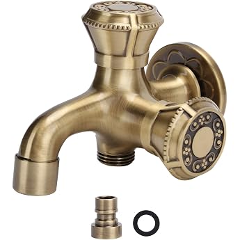Garden Tap Antique Brass Wall Mounted Tap with Double Spout 1/2 Inch for Outdoor Use Bathroom Kitchen