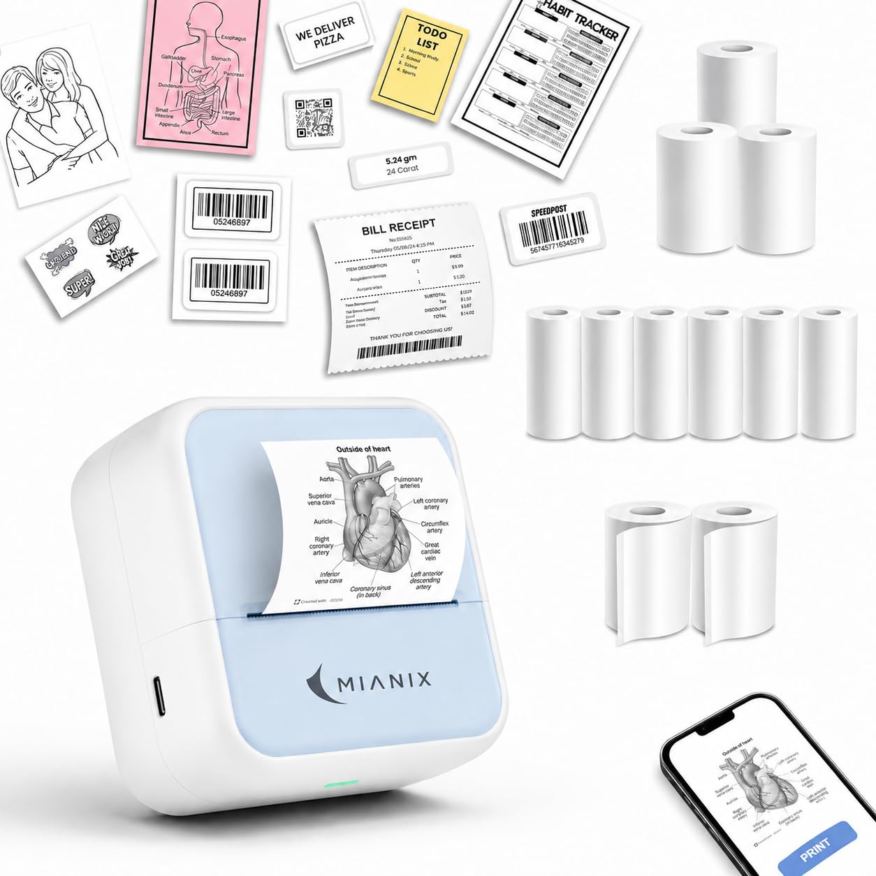 Mianix Mini Wireless Thermal Printer, Portable Bluetooth Inkless Pocket Printer for Android & iOS, Monochrome Photo, Notes, Labels & Sticker Printing with 9 Thermal Paper Rolls (6 White, 3 Color)-image-40