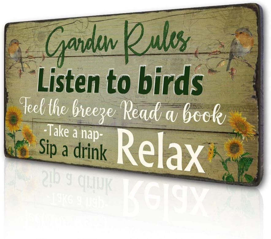 Retro Garden Rules Sign Vintage Garden Signs for Home Porch Patio Yard Garden Shed Decor Hanging Garden Plaque Listen to Birds Quotes by 16''x8''