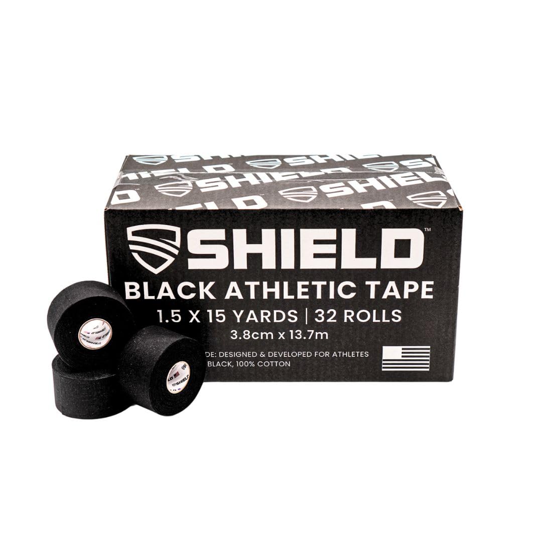 SHIELD | Athletic Tape 32 Pack Bulk- 1.5 Inches x 15 Yards - Made in USA Easy Tear, Rigid, No Residue. Sports Medicine - Medical, Therapy, Athletic Trainers: Ankles Wrists Fingers (Black)