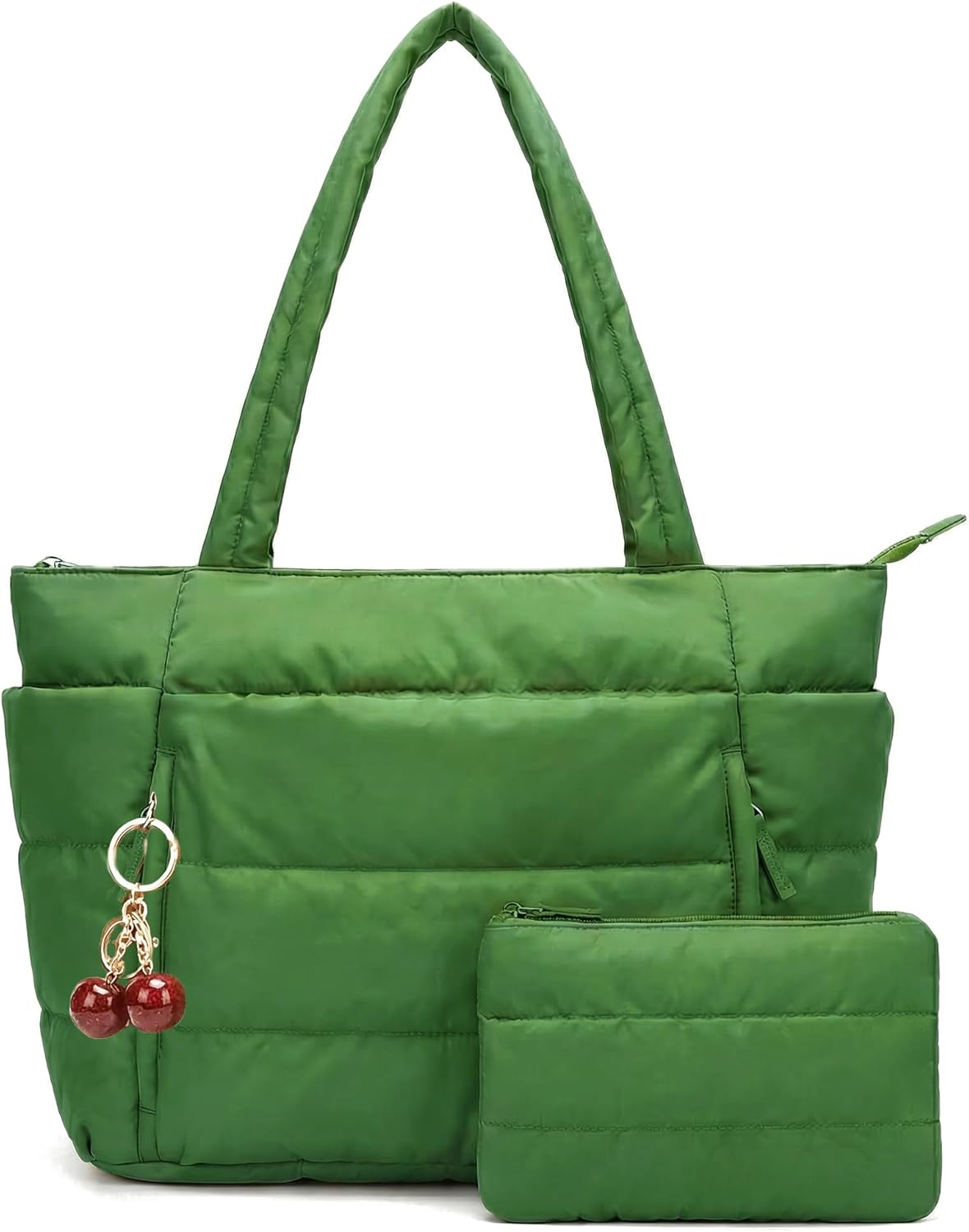 Zengmei Large Puffy Tote Bag for Women Work Travel Handbag Set with Pouch & Cherry Purse Charm Keychain, Fits 15.6" Laptop