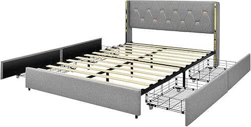 Miniatura 9 de Giantex Marco de cama tapizado con 4 cajones, marco de cama de lino tamaño Queen, marco de cama resistente sin ruido, fácil montaje, sin somier,