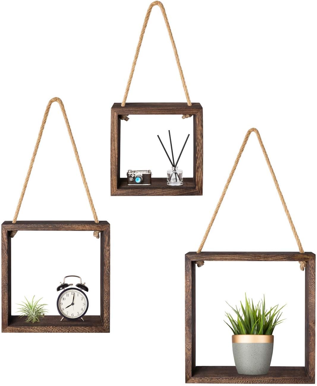 Mkouo Hanging Square Shelves Wall Art Set of 3 Rustic Wood Cube Floating Shelf Photo Plant Display Shadow Boxes Decorative Shelf Home Office Decor for Living Room Bedroom Bathroom