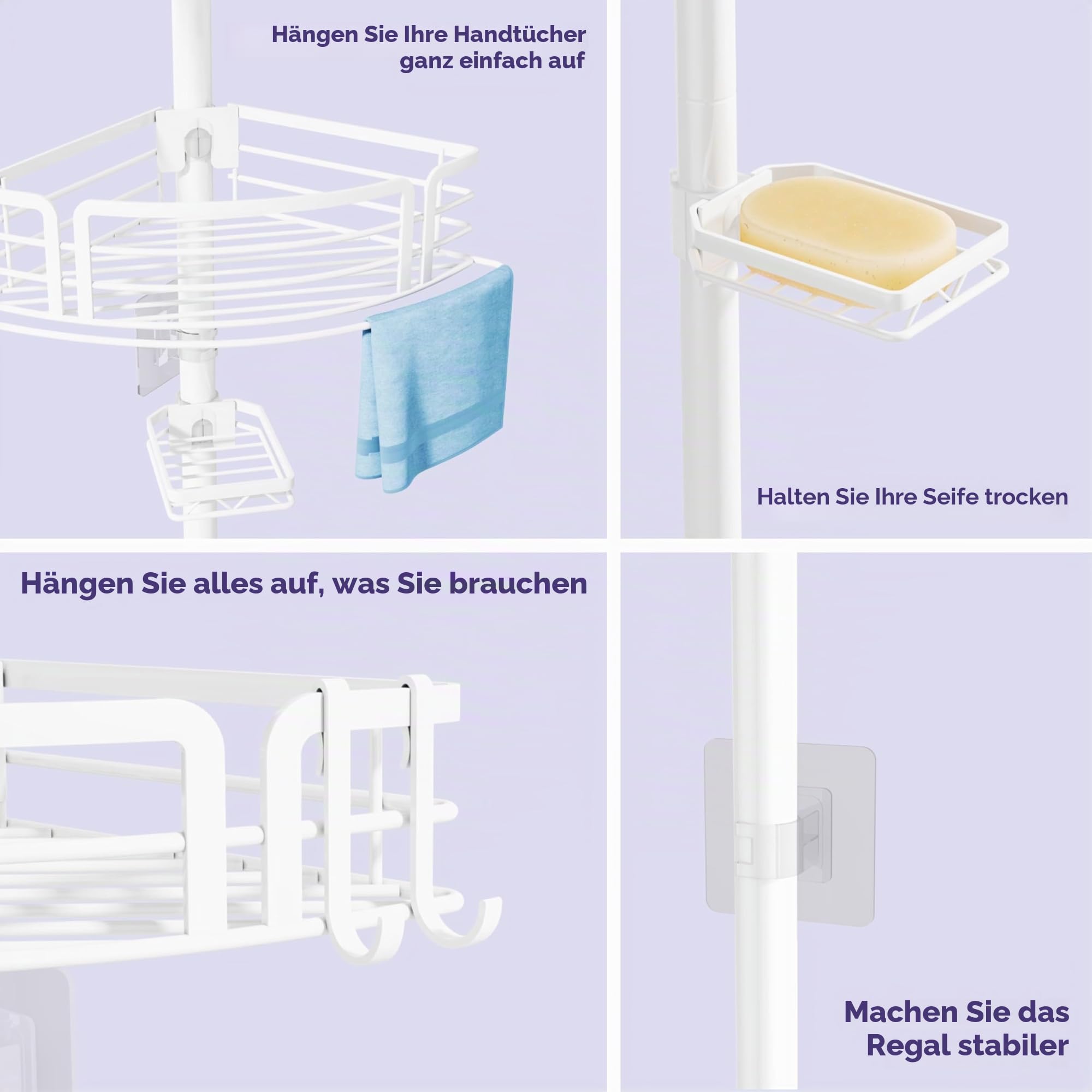 SWTYMIKI Duschablage ohne Bohren Ecke - Teleskop Duschregal Ecke, 70-267cm | Höhenverstellbar Duscheckregal Teleskop, Rostfrei Teleskop Badregal Shampoo Halterung für Dusche mit 4 Körben, Edelstahl