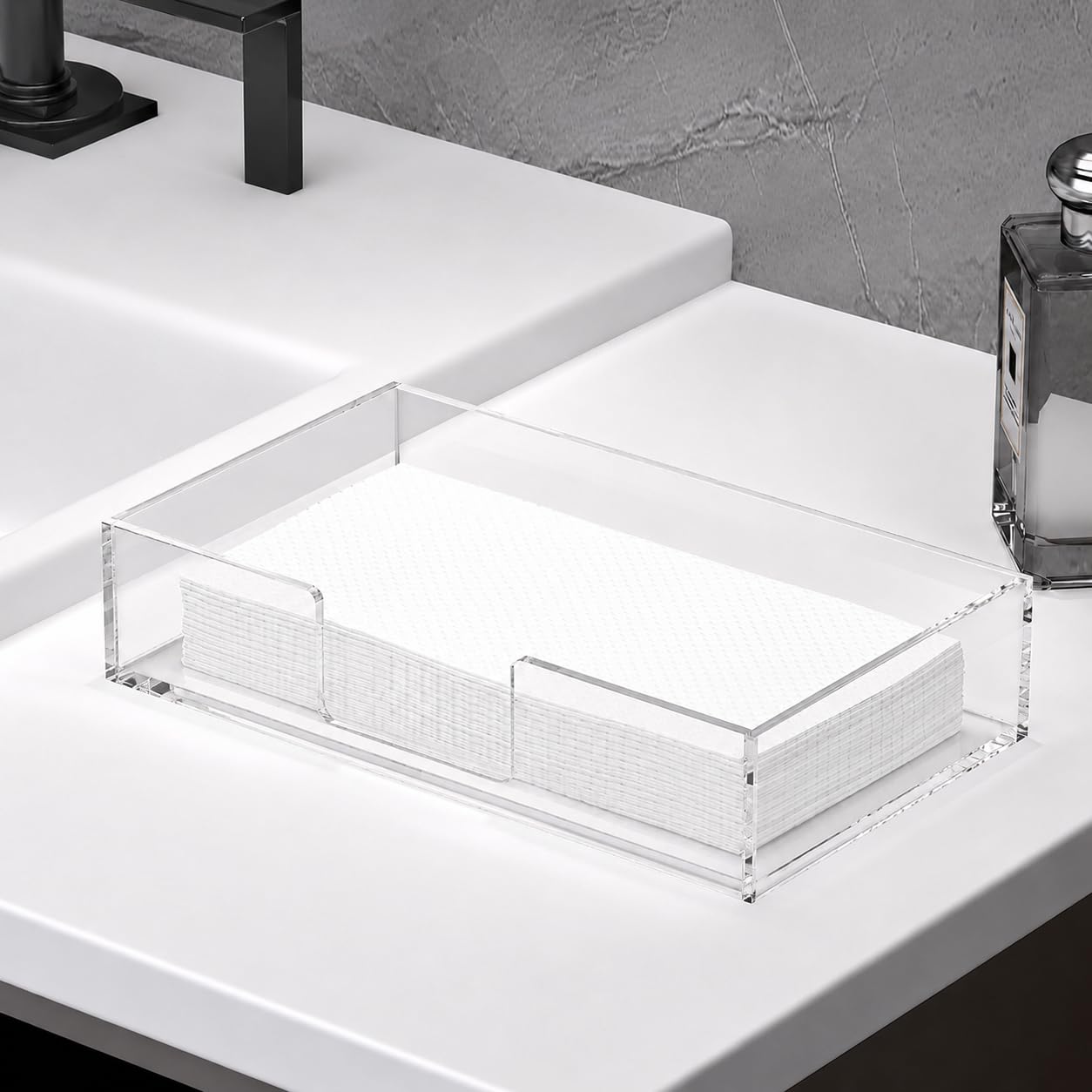 Servilletero acrílico para toallas de invitados, bandeja de almacenamiento de toallas de mano de papel transparente para baño, cocina, fiestas, bodas, dispensador de servilletas moderno vertical para