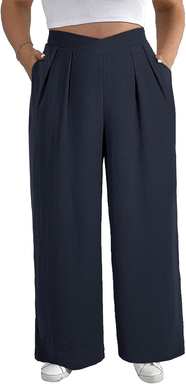 Eytino Womens Plus Size Wide Leg Pants Crossover Waist Pleated Front Casual Work Pants Lounge Trouser with Pockets(1X-5X)