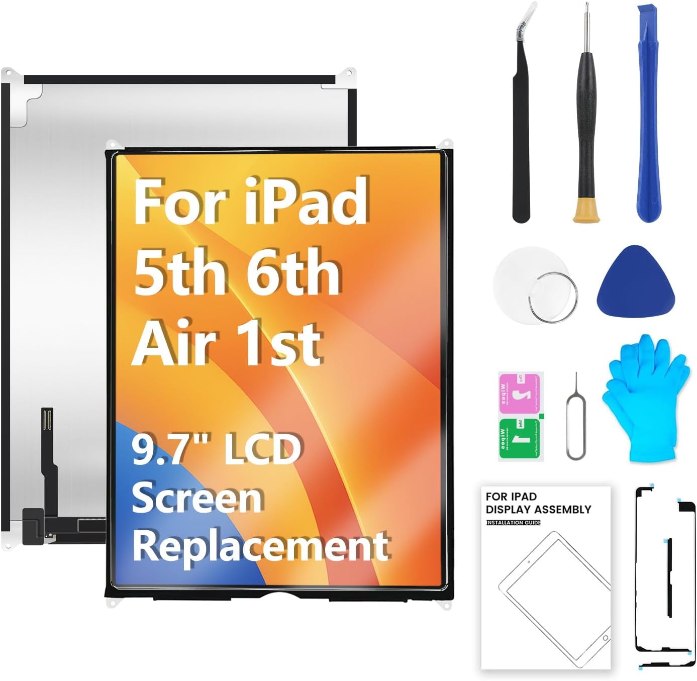 YUSE for iPad 5th (2017)/ 6th (2018)/ Air 1st Gen 9.7" LCD Screen Replacement Display LED Panel (Model: A1822 A1823 A1474 A1475 A1476 A1893 A1954) with Repair Kits (Not Touch Glass)
