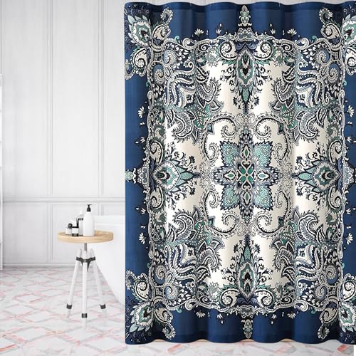 Serafina Home Boho Shower Curtain, Navy Teal White Mandala Floral Design cover