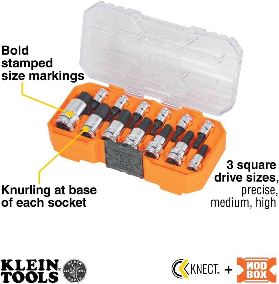 Klein Tools 65213HEX Knurled Hex Bit SAE Socket Set, 1/4, 3/8 and 1/2-Inch Drives, Premium Cr-V Steel, SAE Sizes 5/64 to 9/16-Inch, MODbox Case, 13-Piece