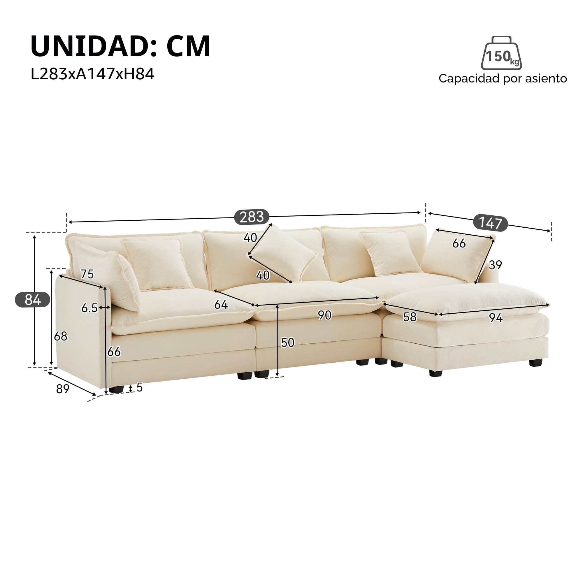 Kebnor Diseño moderno, muebles tapizados, tela de chenilla, sofá de tres plazas, sofá tapizado, sofá esquinero con reposapiés, sofá esquinero en forma de L, adecuado para salón y dormitorio (beige)