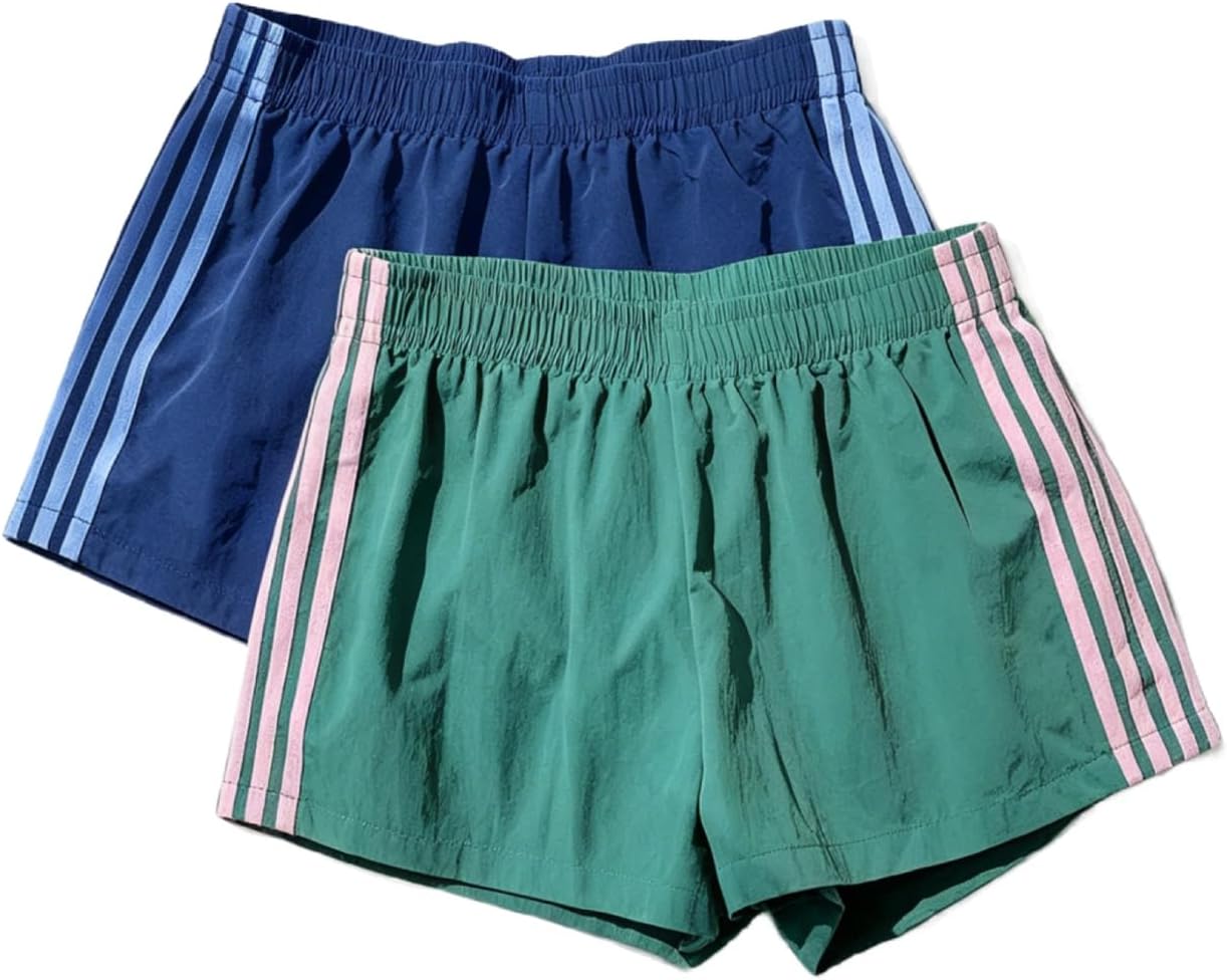 MakeMeChic Women's 2 Pack Striped Running Shorts Summer Track Workout Athletic Shorts