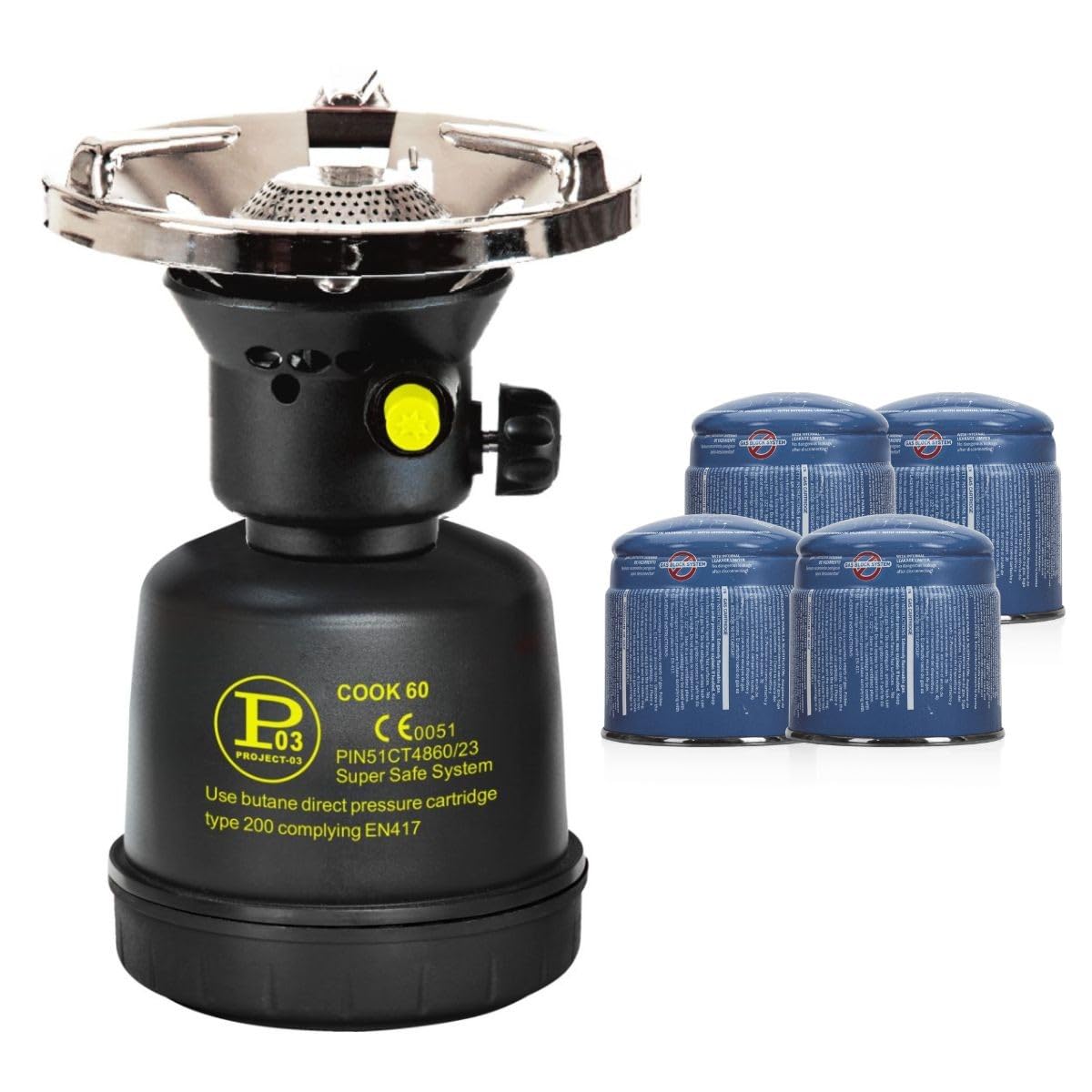 PROWELTEK - Fornello a gas piezo 1300W Scafo Acciaio Fornello a gas Campeggio per cartuccia gas 190g COOK60P