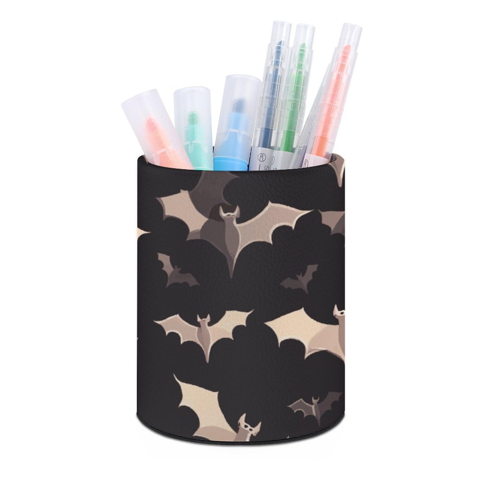 DWVTSLH Aesthetic Pen Holder for Desk - Modern Leather Pencil Holder - Stylish Round Makeup Brush Holder - Halloween Flying Bats Pen Cup Cute And Functional Desk Organizer for Office Supplies