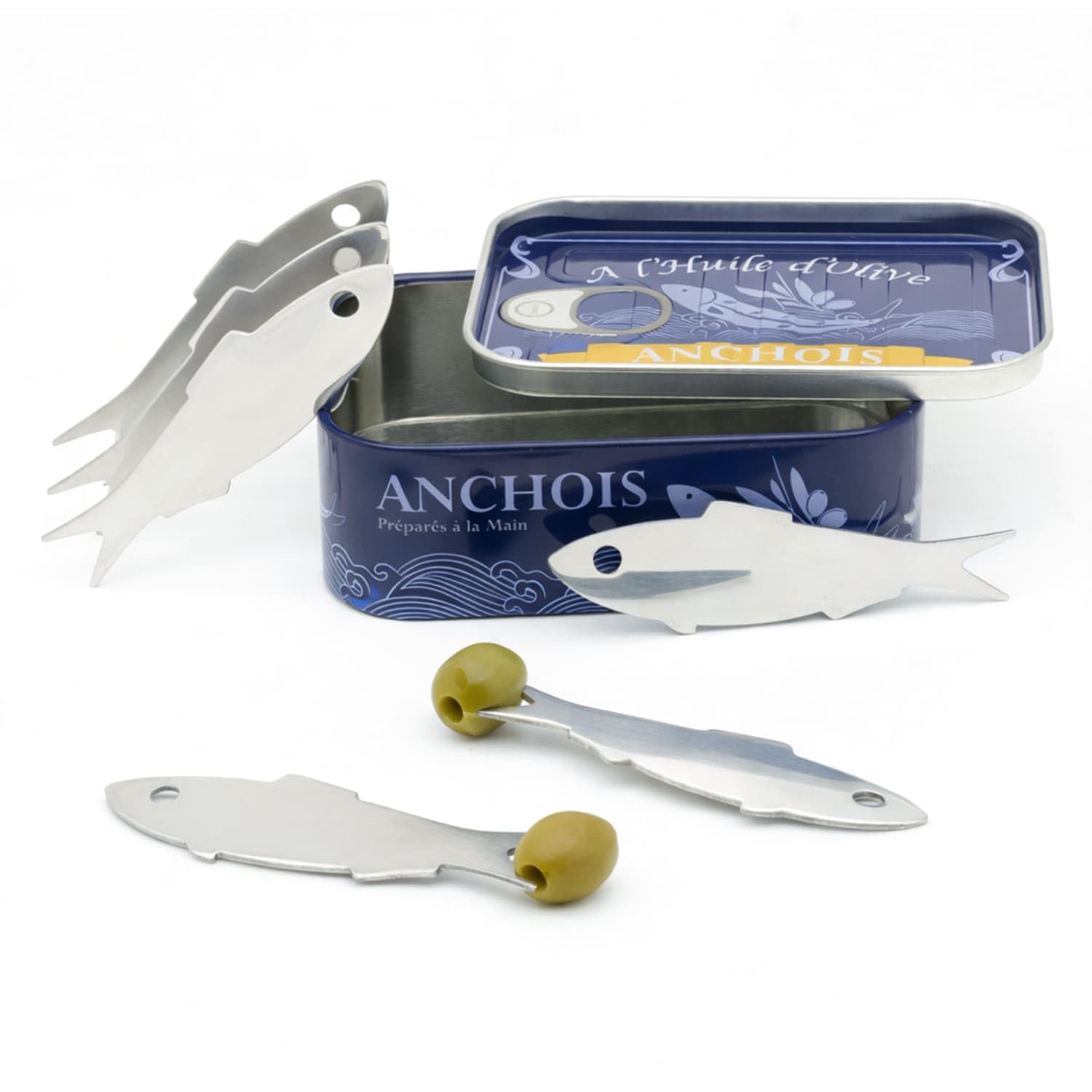 CKB LTD Anchovy Snack Fork Set in Tin – Set of 6 Stainless Steel Anchovies Fish Forks for Tapas, Olives, Escargot – Retro Anchois Tin Gift – Cocktail Picks for Seafood, Appetisers Party Serving