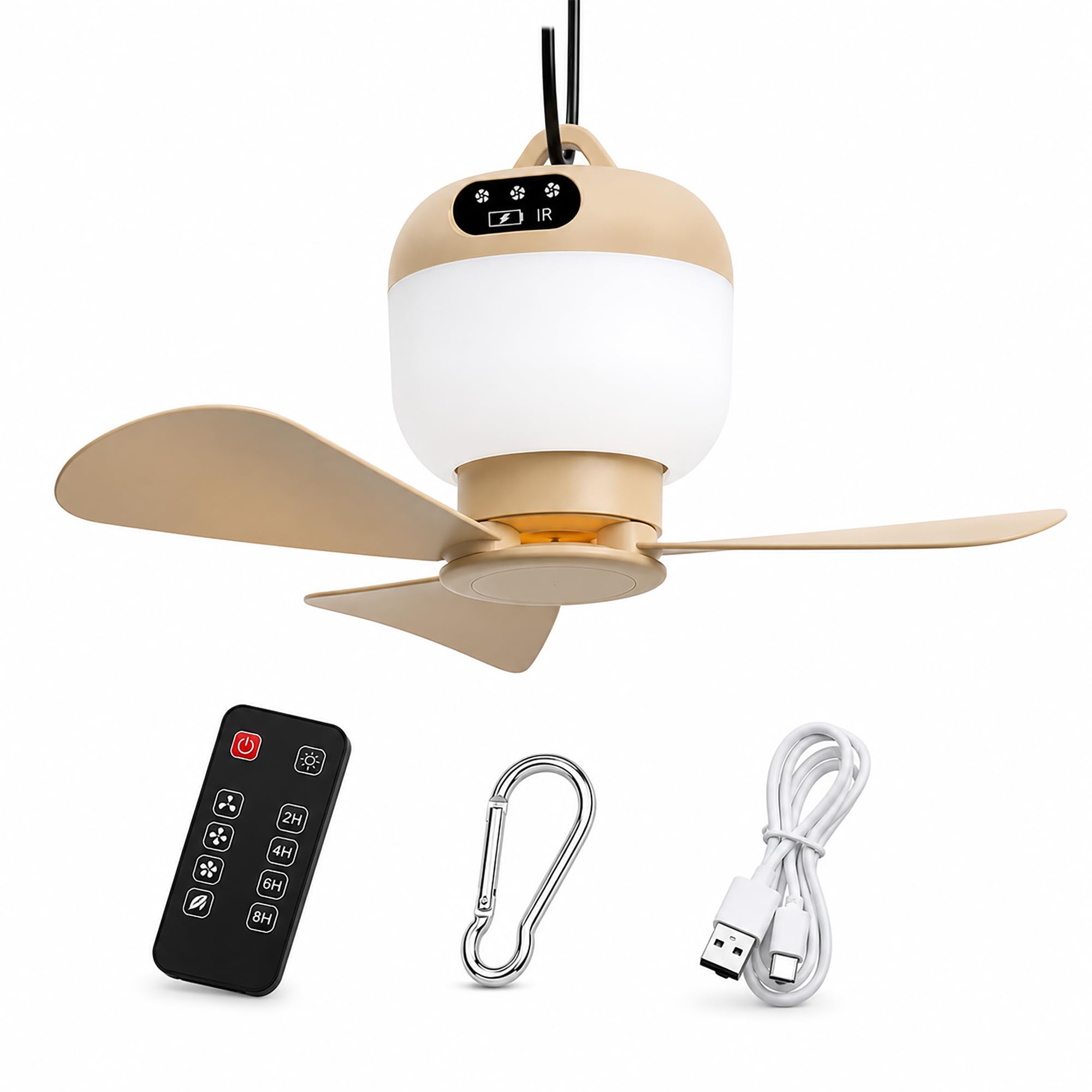 Portable Hanging Tent Fan with Light & Remote, Rechargeable Camping Fan