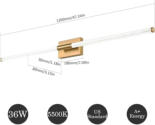 Miniatura 4 de Lámparas de tocador de baño, modernas lámparas LED de baño de 47.2 pulgadas 36 W, aplique de pared de latón para interiores, lámpara de pared